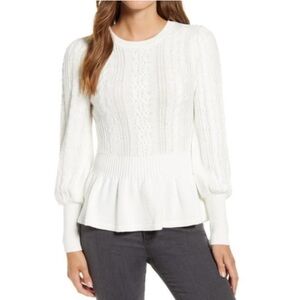 Rachel‎ Parcell white cable knit bobble peplum sweater XL romantic puff sleeves